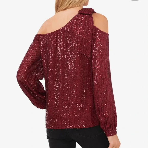 CeCe Red Wine Sequin Size Small NWOT Holiday One Shoulder Top - Picture 2 of 3